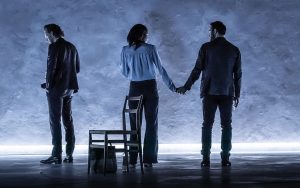 Tom Hidddleston, left, Zawe Ashton, center, and Charlie Cox in "Betrayal." (Photo by Marc Brenner)