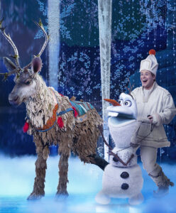 Reindeer Sven is played by Collin Baja and Evan Strand, while F. Michael Haynie plays Olaf. (Photo by Deen van Meer).