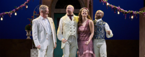 Cast members of Shakespeare's "Much Ado About Nothing "(l-r) Aled Davies (Father Antonio), Lynn Robert Pedro (Don Pedro), Kailey Boyle (Hero) and Dominique Champion (Claudio).