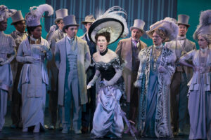 Sam Simahk (center left) as Freddy Eynsford-Hill, Shereen Ahmed as Eliza Doolittle (center), Kevin Pariseau as Colonel Pickering (center right) and Leslie Alexander as Mrs. Higgins in The Lincoln Center Theater production of "Lerner & Loewe’s 'My Fair Lady.'" (Photo by Joan Marcus)