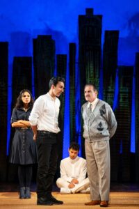 Cast members (l-r) Azita Ghanizada, Amir Arison, Eric Sirakian and Houshang Touzie in "The Kite Runner," finishing its run at the end of October at the Helen Hayes Theater. (Photo by Joan Marcus)