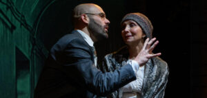 Issac (Joe Pine) and Yevgenia (Laura Perrotta) in Rajiv's "Describe the Night." (Photo courtesy Ensemble Theatre)