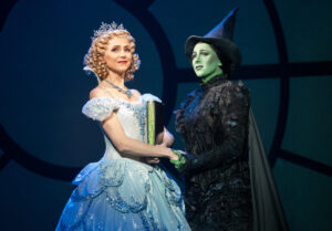 Glinda (Celia Hottenstein) and Elphaba (Olivia Valli) in Stephen Schwartz's "Wicked," currently playing at the Saenger Theater. (Photo by Joan Marcus)