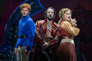 Frederic (Nicholas Barasch), The Pirate King (Ramin Karimloo) and Ruth (Jinkx Monsoon) in "Pirates! The Penzance Musical." (Photo by Joan Marcus)