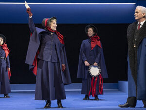 (l to r): Gabriella Sundar Singh as Barbara Undershaft, Patty Jamieson as Mrs. Baines, Lindsay Wu as Jenny Hill and Patrick Galligan as Andrew Undershaft in Major Barbara (Shaw Festival, 2025). Photo by David Cooper.